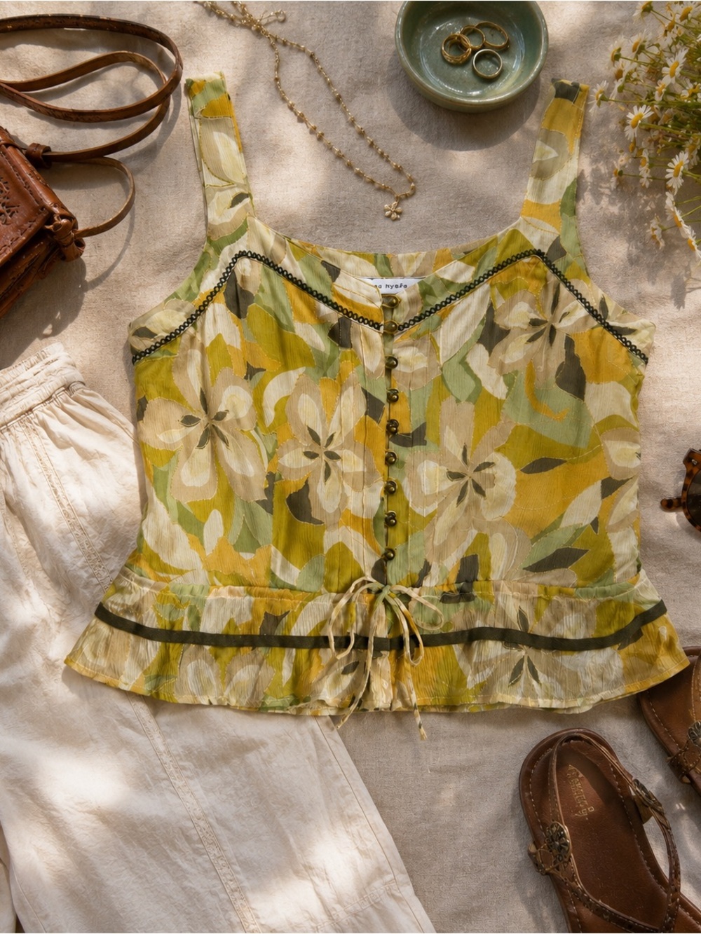 Vintage Silk Earthy Floral Camisole Ruffle Hem Y2K Fairycore Boho Chic Tie-Front - Picture 2 of 12